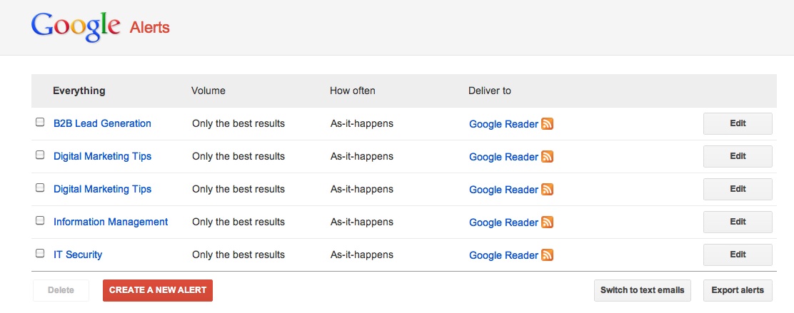 Google Alerts created as an RSS Feed Set up google alerts that align with topics and audiences