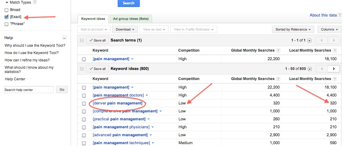 keyword ideas - exact match