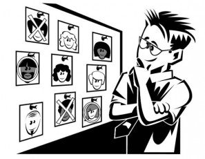 drawing-man deciding among head shots