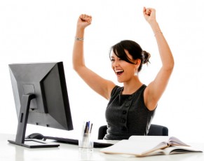 happy woman with computer