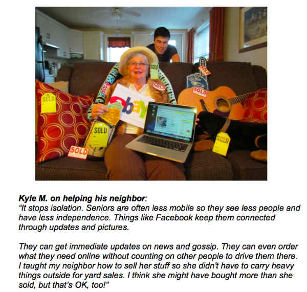 grandma with laptop, ebay sign