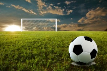 soccer ball-distant net-green field