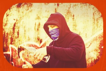 hooded figure with mask-lighting fuse