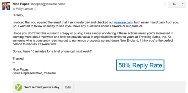 Yesware follow-up email