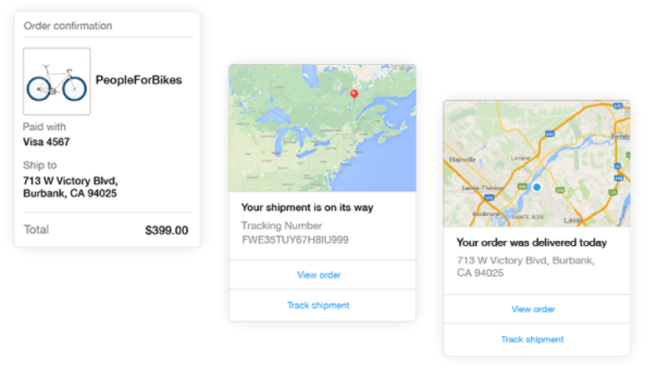 An image showing how Facebook Messenger communicates with customers. It shows the order confirmation and status of a customer's shipment to delivery.