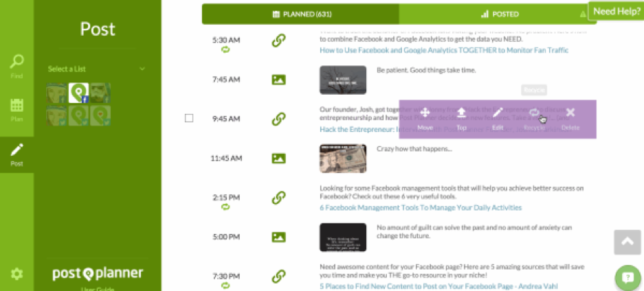 An image of the post planner social tool recycle button feature to load up evergreen content.