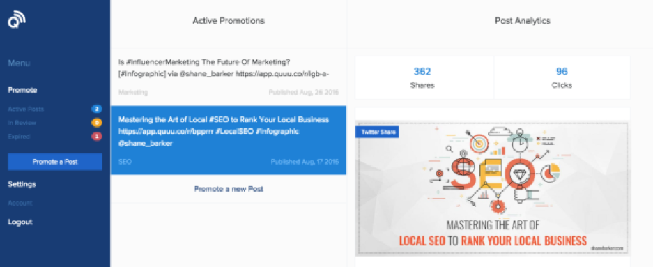 An image showing the amount of shares and clicks for each article using Quuu.