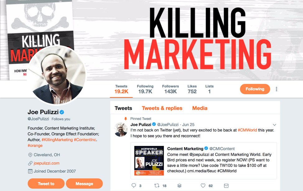 An image of Joe Pulizzi's Killing Marketing Twitter account. His favorite social media tool for keeping in touch.