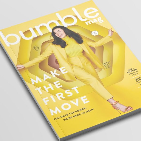 The first issue of Bumble mag on a grey table.