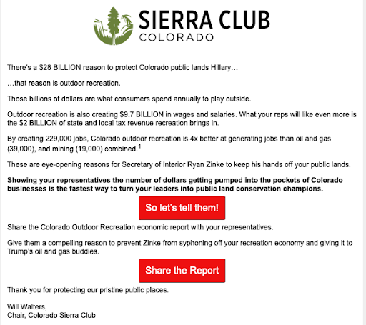 Screenshot of one of the Sierra Club emails from the drip campaign.