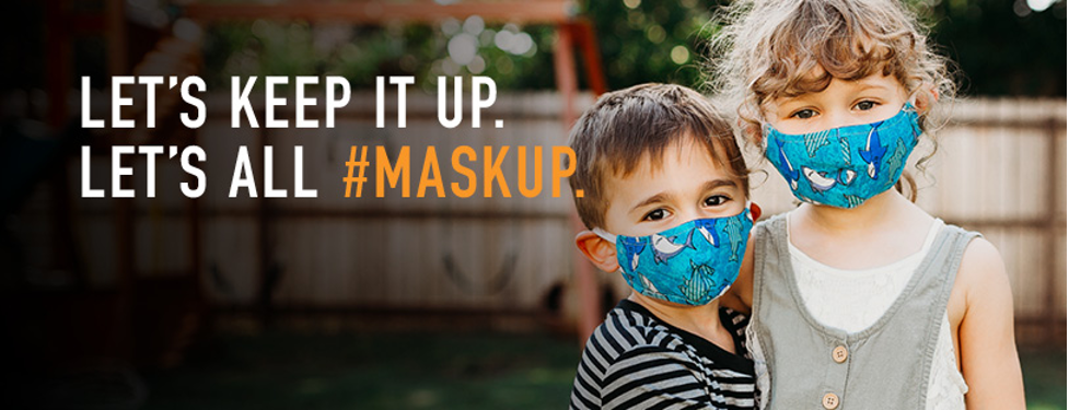 mage from Cleveland Clinic showing two kids wearing masks and the slogan “Let’s Keep It Up. Let’s All #MaskUp.