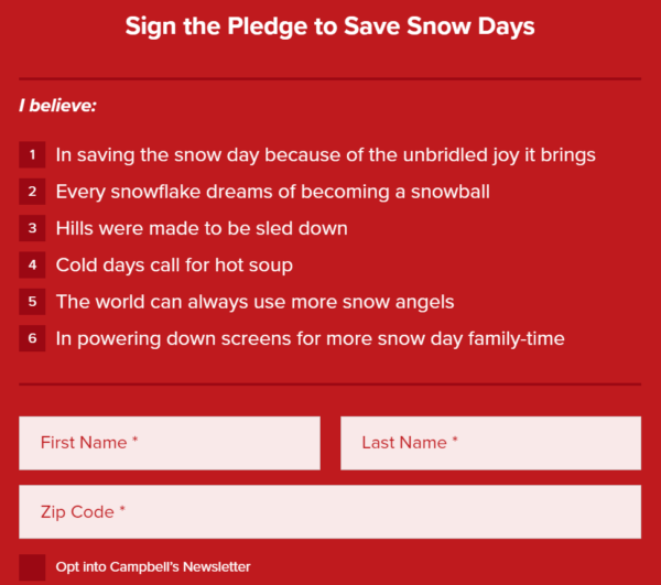 Image of Campbell’s Soup online pledge to sign to save snow days.