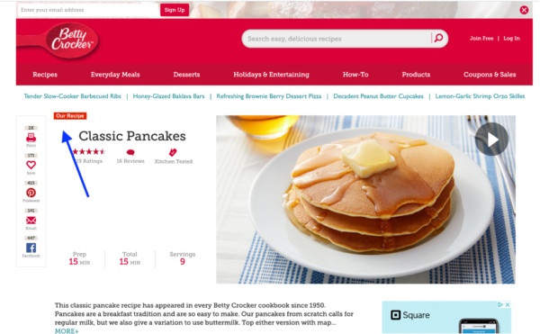 Mockup of a strategic SEO change to help recipe content rank higher on the Betty Crocker website. The suggested fix is to add "Our Recipe" at the top of the page.