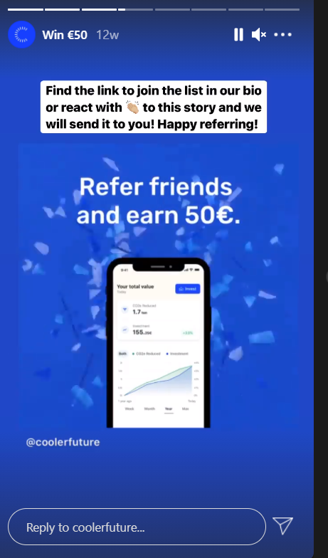 An image of Cooler Future’s Instagram account showing their referral campaign asking viewers to react with a simple clap emoji. In turn, their social media manager would send the campaign link to the clapper’s DM.