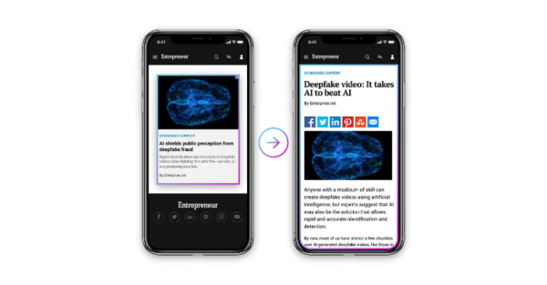 An image of two mobile devices. One showing a contextually relevant ad in the publisher’s news feeds and the other showing the landing page that showcases the HPE infographic directly on the publisher’s site.