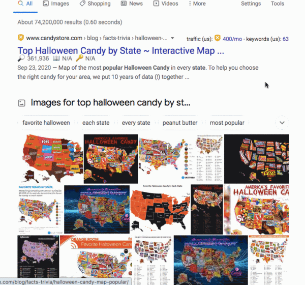 An image showing the results from a Google search of top Halloween candy by state.