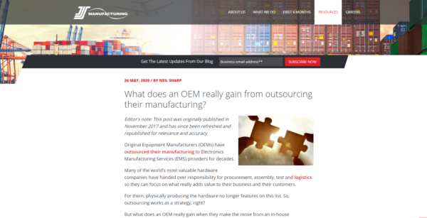 Image showing a blog post from JSS Manufacturing with examples of internal links to cluster content.