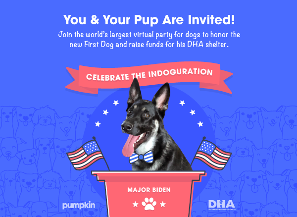 A banner that reads “Celebrate the Indoguration” with an image of a dog named Major Biden sitting at a podium.