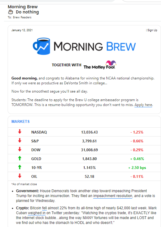 An image showing The Morning Brew e-newsletter from January 12, 2021.