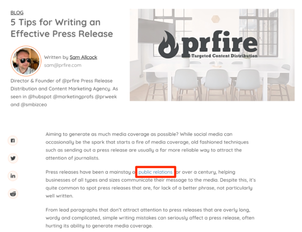 An image showing an article that includes an internal link to another subtopic – newswires – from the public relations keyword that I highlighted in the box below.