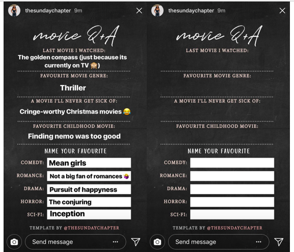 An image of a custom questionnaire template on Instagram.
