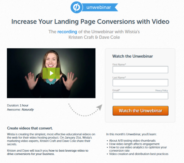 An image showing a landing page example with gated content from unwebinar.