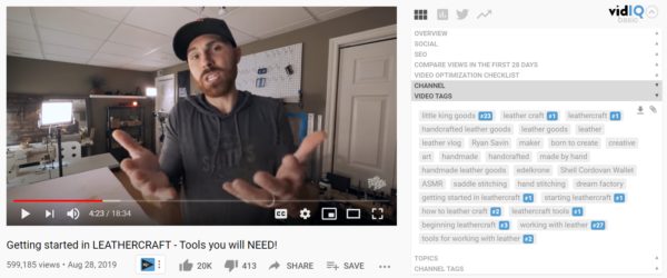 An image of vidIQ Vision for YouTube summary, complete with tags.