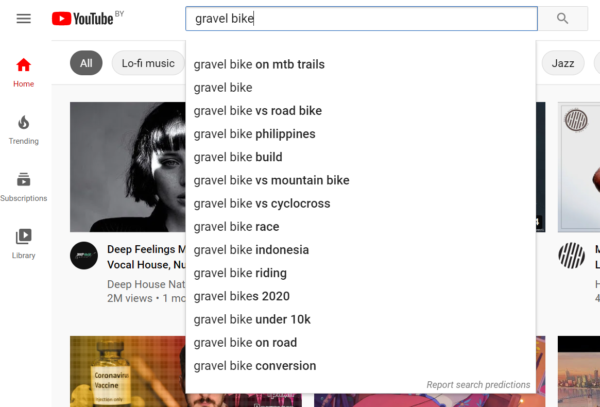 A screenshot of YouTube’s autocomplete feature.