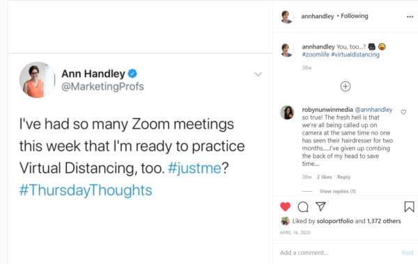 A screenshot of Ann Handley's Instagram account. Her favorite social marketing tool for storytelling simplicity.