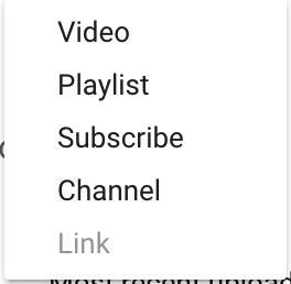 An image showing the five end screen options allowed by YouTube: Video, Playlist, Subscribe, Channel, and Link.