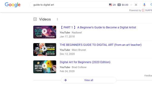 An image showing Google video results for “Guide to Digital Art”.