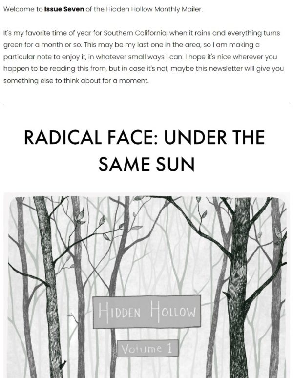An image of the Radical Face monthly newsletter titled Hidden Hollow Volume 1.