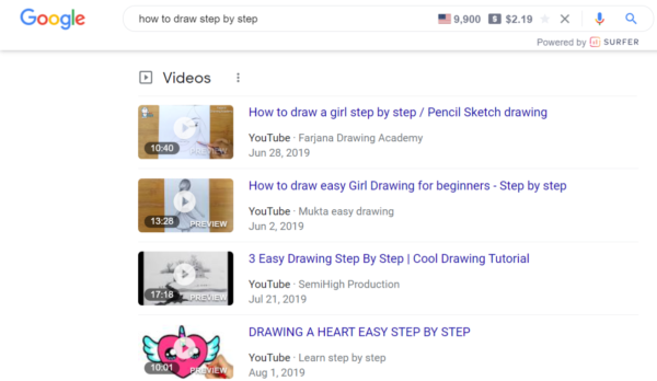 An image showing Google video results for “How to Draw Step by Step”.