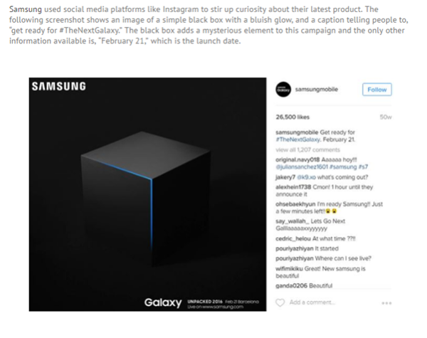 An image of an Instagram post from Samsung. The image shows a simple black box with a bluish glow, a caption telling people to get ready for the next Galaxy, and launch date.