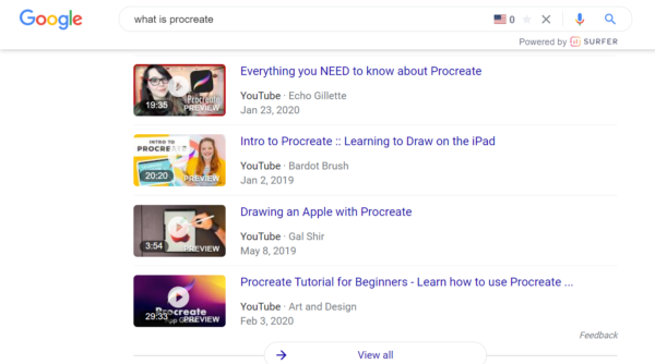 An image showing Google video results for “What is Procreate”.