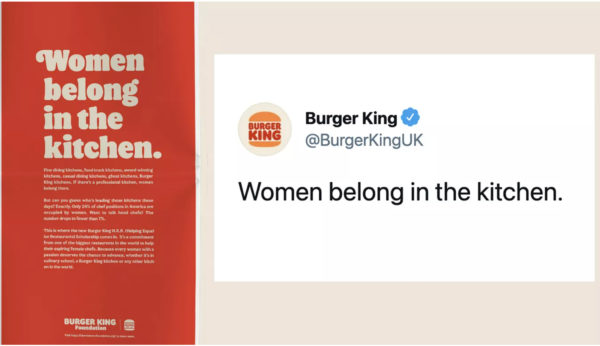An image showing a Burger King UK tweet that reads Women belong in the kitchen.