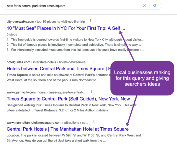 A screenshot showing search results for the question “How far is Central Park from Times Square?”