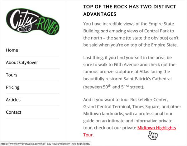 An image showing a CTA that’s a link to a private Midtown Highlights Tour from City Rover. It is in the last sentence of the copy.