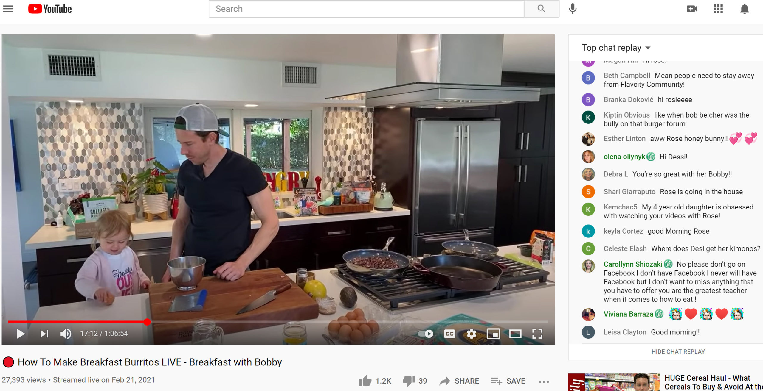 A screenshot of Bobby Parish livestreaming from his kitchen with his daughter. The chat feature is displayed showing comments from viewers.