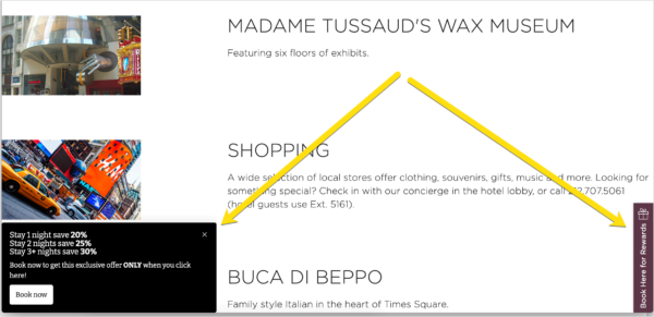 A screenshot showing an example of a CTA that’s a promotional offer. One CTA is in a black box on the bottom left side of the site and the other is in a brown box on the right side of the site.