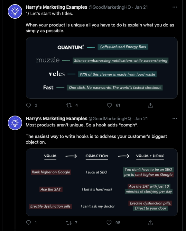 An image showing a series of tweets that were repurposed from landing page content.
