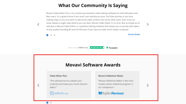 A screenshot of Movavi’s home page showing awards for their software.