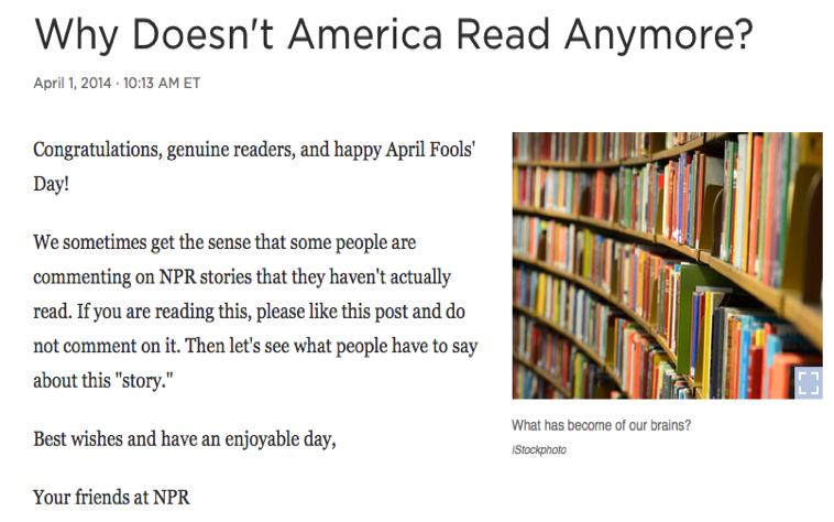 An image of NPR’s landing page that reads: Congratulations, genuine readers, and happy April Fools’ Day!