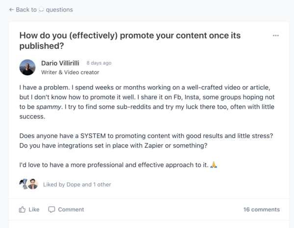An image showing an example of a question posted in a community group: How do you effectively promote your content once it's published?