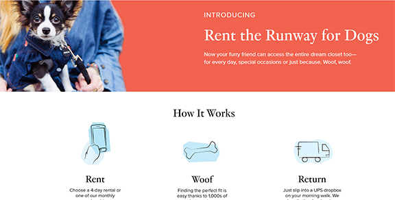 Rent the Runway for Dogs website showing three dogs dressed up in clothes.