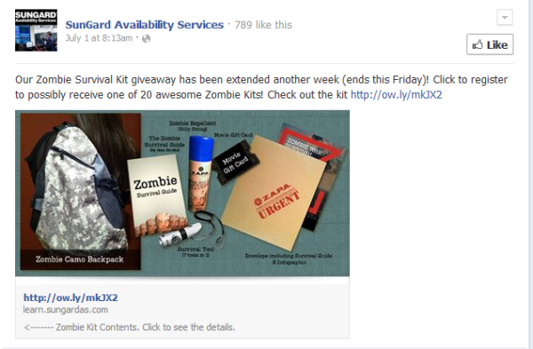 An image of SunGard’s social media campaign on Facebook showing the Zombie Survival Kit: a camo backpack, e-book, zombie repellent spray, and a movie gift card.
