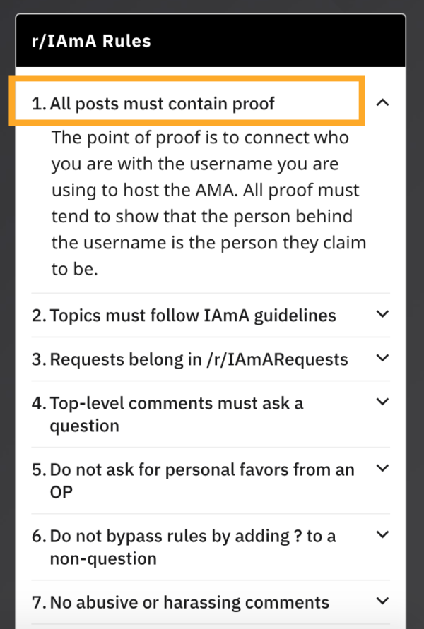 Image showing the rules in the r/IAmA subreddit community. Users who create posts are required to provide proof of their expertise.