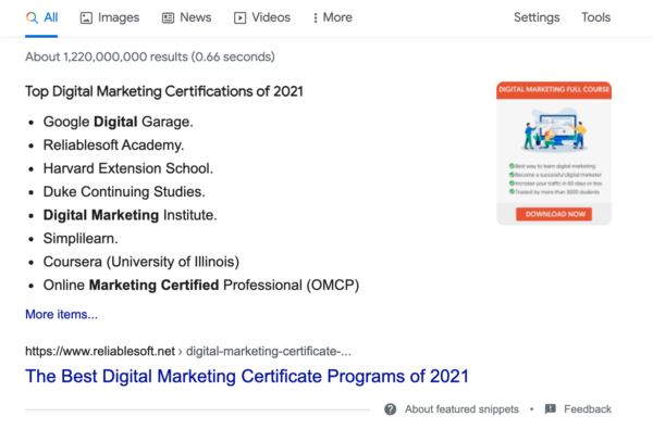 Image showing a bulleted list of the top digital marketing certifications of 2021.