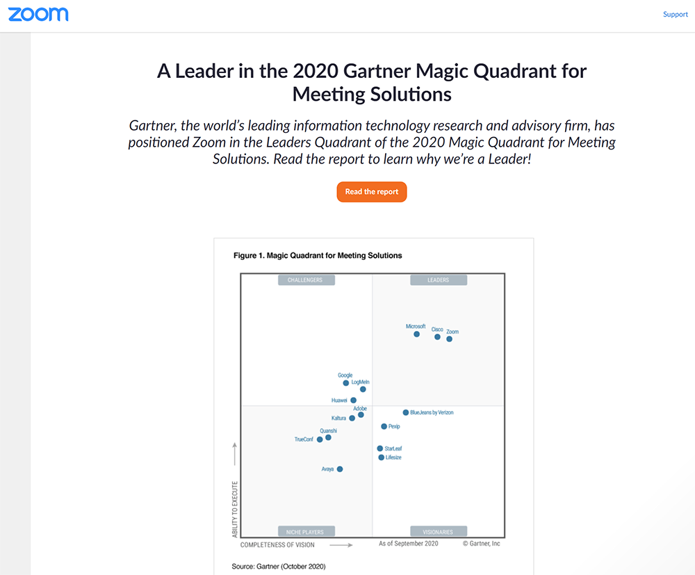 Example of a Zoom end-of-meeting page featuring a content-driven CTA. This one links to the 2020 Gartner Magic Quadrant report for meetings solutions.