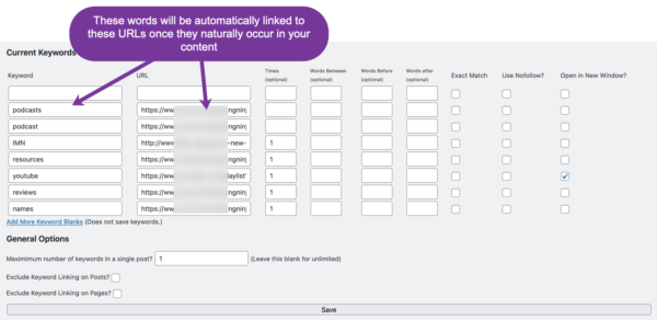 Internal Link Building plugin automatically links any word or phrase to a URL you specify.
